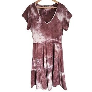 Suzy Shier Mauve Stretch Tie Dye‎ Tiered Raglan Short Sleeve Dress Medium